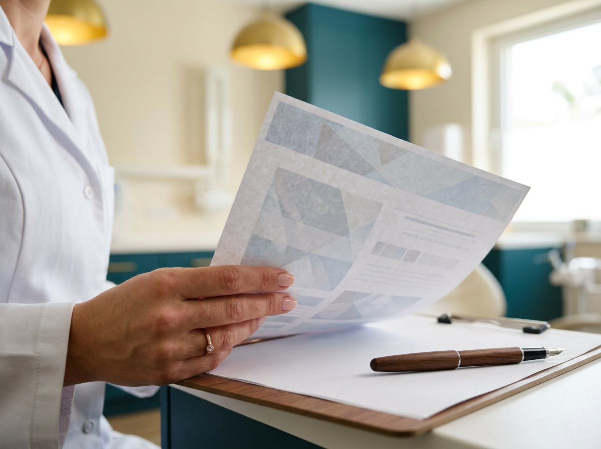 Cirurgiã-dentista interpretando exames laboratoriais no consultório