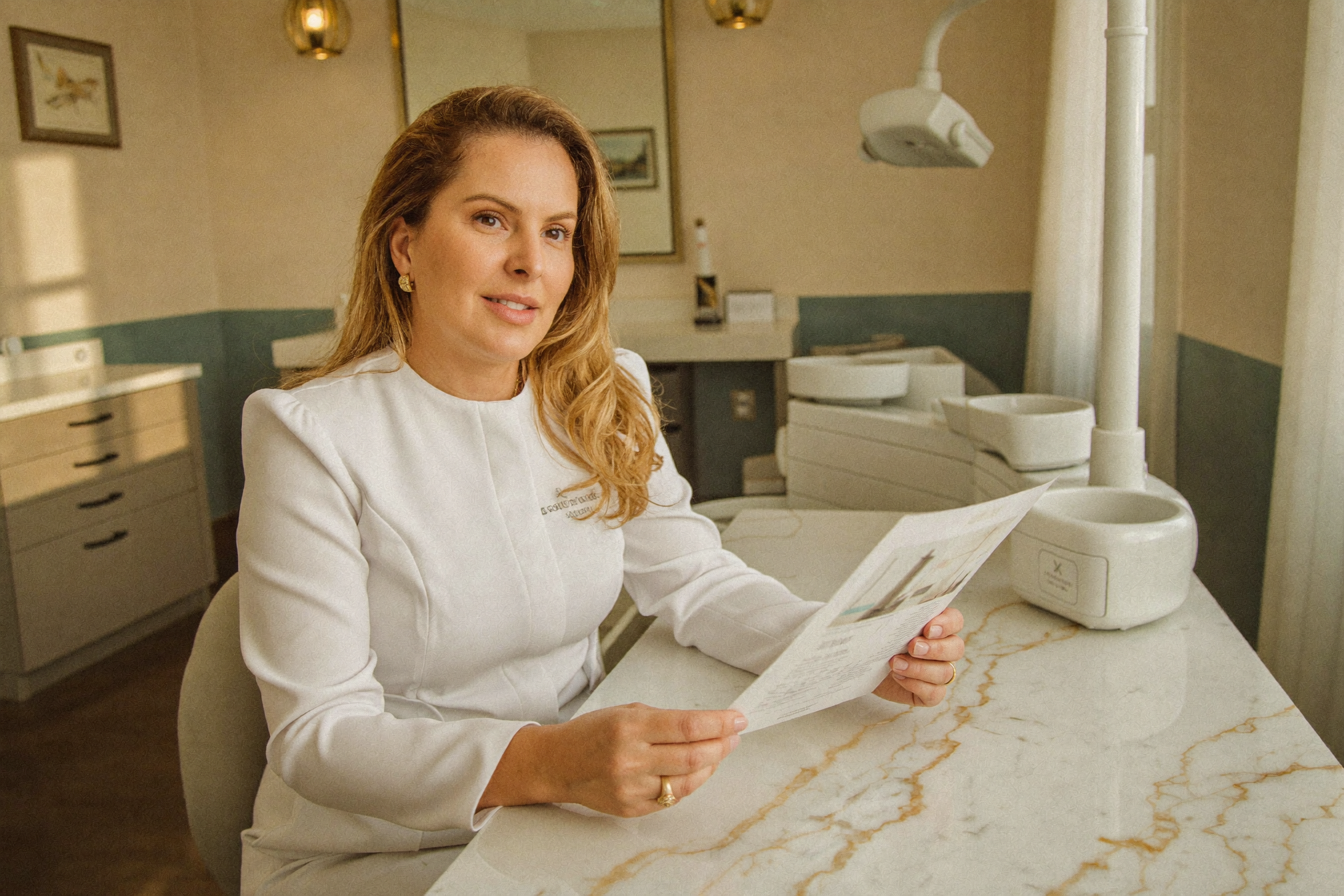 Dra. Grazielli Hercos em seu consultório em Bauru analisando exame laboratorial